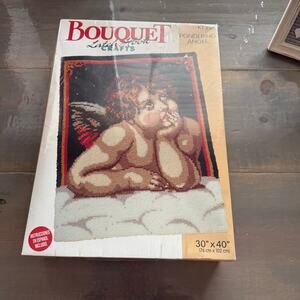 Bouquet 30" x 40" Pondering Angel Latch Hook Crafts Vintage NIB